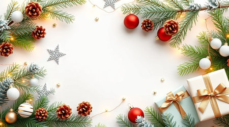 Silver and red holiday elements arranged around snowy-textured gifts.の写真素材