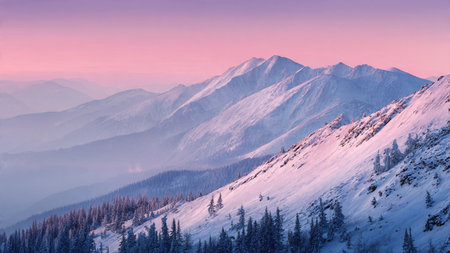 Soft pastel hues illuminate towering snowy mountains in the early morning cold, creating a...
