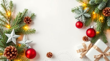 A clean winter frame layout featuring gift boxes and classic ornaments.の写真素材