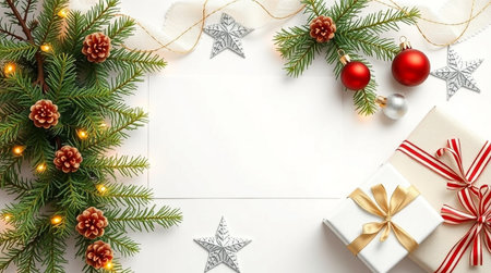 Soft natural lighting enhances a centered white card surrounded by spruce tips.の写真素材