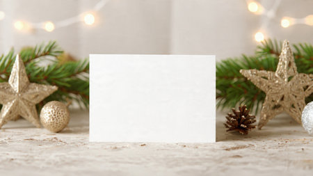 Silver stars and red ornaments arranged around winter gift boxes.の写真素材