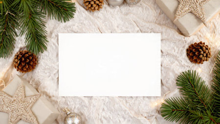 An elegant border of silver stars and red ornaments surrounds sophisticated holiday gift boxes.の写真素材