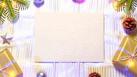 A centered blank card placed among natural Christmas accents and soft golden illumination.の写真素材
