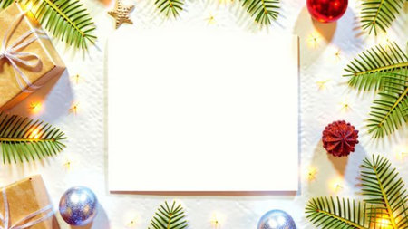 Red baubles and silver accents create a festive frame for winter designs.