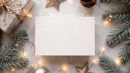 A pristine card in the center framed with spruce branches and subtle gold touches.の写真素材