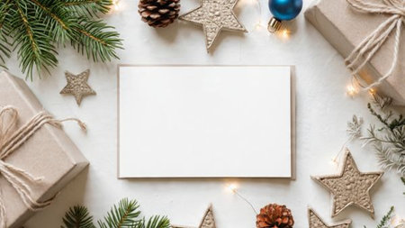 A refined Christmas border featuring silver stars, red baubles, and luxury holiday gift wraps.の写真素材