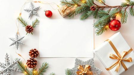 Silver stars and red ornaments arranged around winter gift boxes.の写真素材