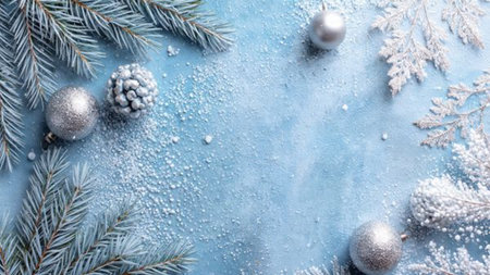 A minimalist winter background enhanced with silver stars and bold red baubles.の写真素材