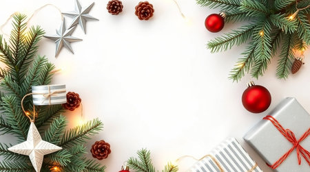 A perfectly balanced winter scene highlighting a blank card framed by spruce and golden accents.の写真素材