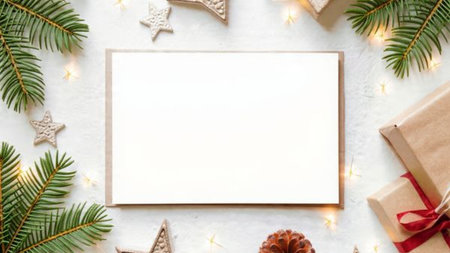 A serene winter frame adorned with frosted holiday gift boxes and festive accents.