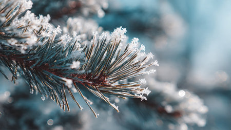 Close up of pine branches covered with hoarfrost. Winter background