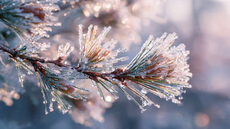 Pine branch covered with hoarfrost on a sunny winter day