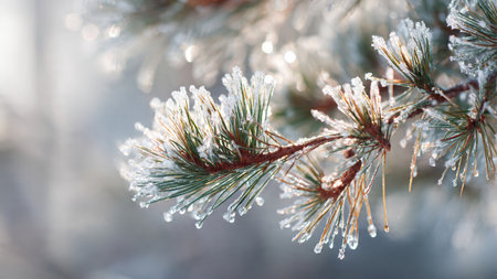 Pine branch covered with hoarfrost in winter forest close up