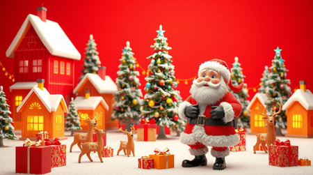 Santa Claus standing in front of christmas town with red background.の写真素材