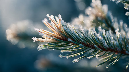 Frosty pine tree branch close up. Winter nature background.