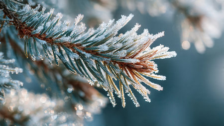 Fir tree branch covered with hoarfrost. Winter background.