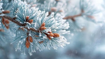 The branches of a Christmas tree in hoarfrost close-up.
