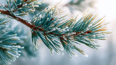 Pine tree branch covered with hoarfrost. Winter background.