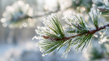 Pine branch covered with hoarfrost, close up. Winter background