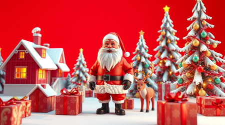 Santa Claus with reindeer and christmas tree. 3d illustrationの写真素材