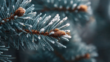 Fir branches covered with hoarfrost, close-up.