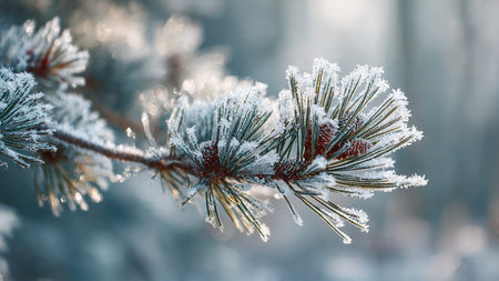 Pine branch covered with hoarfrost in the winter forest.の写真素材