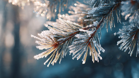 Pine branch covered with hoarfrost close up. Winter background