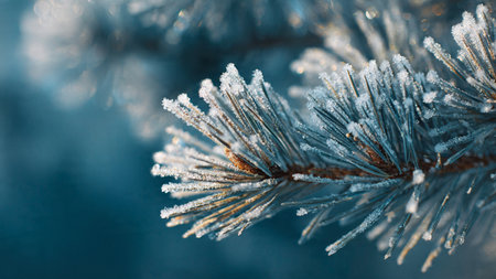 Pine branch covered with hoarfrost on a blue background.の写真素材