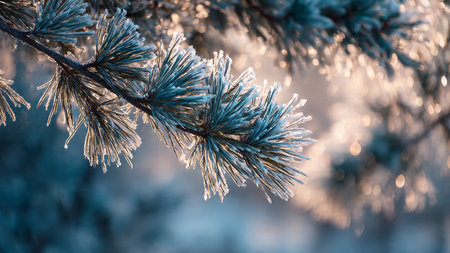 Pine branches covered with hoarfrost. Beautiful winter background.
