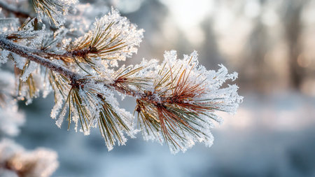 Pine branches covered with hoarfrost in the winter forest.の写真素材