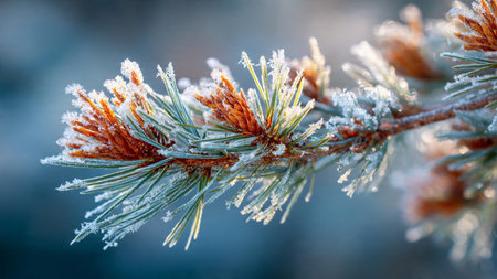 Pine branch covered with hoarfrost on a cold winter day