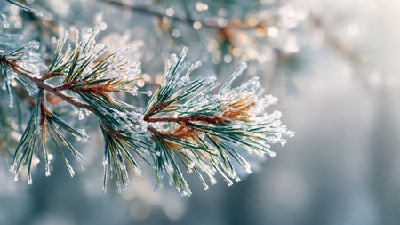Pine branch covered with hoarfrost close-up. Winter background