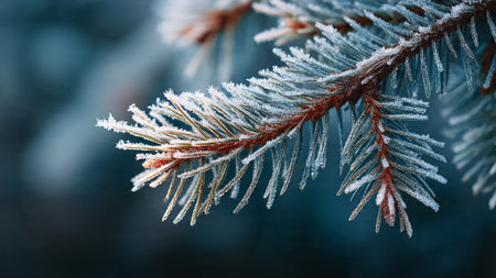Spruce branch covered with hoarfrost close-up. Winter background