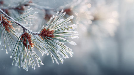 Pine branch covered with hoarfrost on blurred background. Winter background