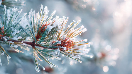 Pine branches covered with hoarfrost and snow. Winter background