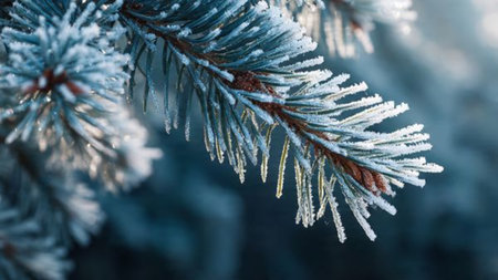 Pine branch covered with hoarfrost on a dark blue background