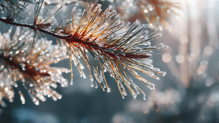 Frosty pine branch in the winter forest. Close-up.の写真素材