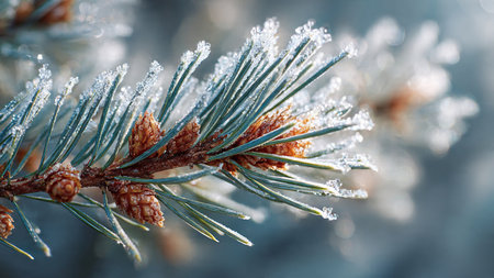 Pine branch with cones covered with hoarfrost. Winter background