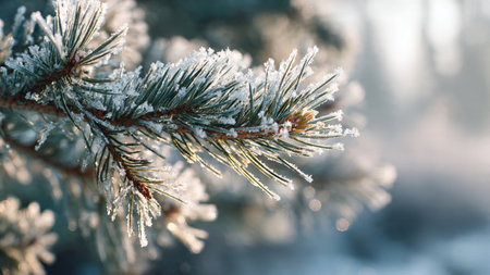 Pine branches covered with hoarfrost, close-up. Winter background