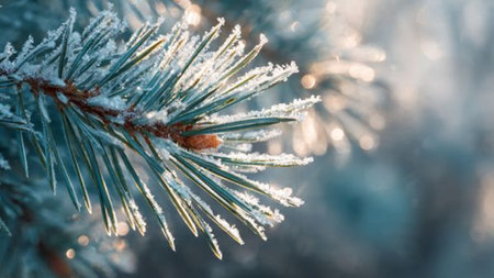 Fir tree branch covered with hoarfrost. Winter background.