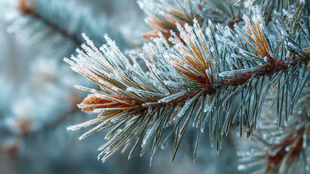 Pine branch covered with hoarfrost closeup. Winter background