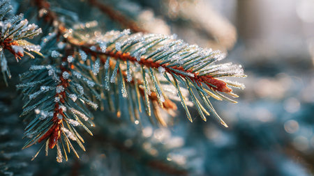 Fir branches covered with hoarfrost, close-up. Winter background