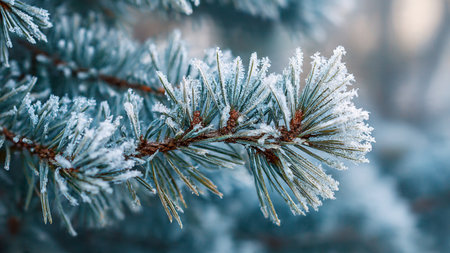Pine branches covered with hoarfrost. Winter background. Close-upの写真素材