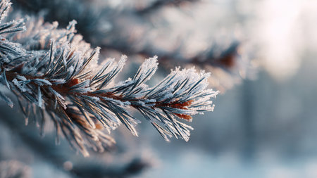 Pine branches covered with hoarfrost in the winter forest.の写真素材