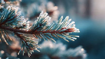 Fir branch covered with hoarfrost in the winter forest.
