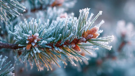 Pine branch covered with hoarfrost, close-up.