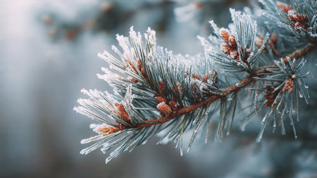 Pine branches covered with hoarfrost and snow. Winter background