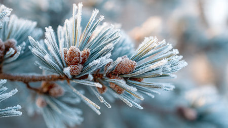 Pine tree branch covered with hoarfrost. Winter background.