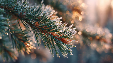 Pine branches with hoarfrost on blurred background. Winter background