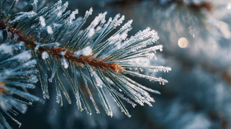 Fir tree branch covered with hoarfrost. Winter background.の写真素材